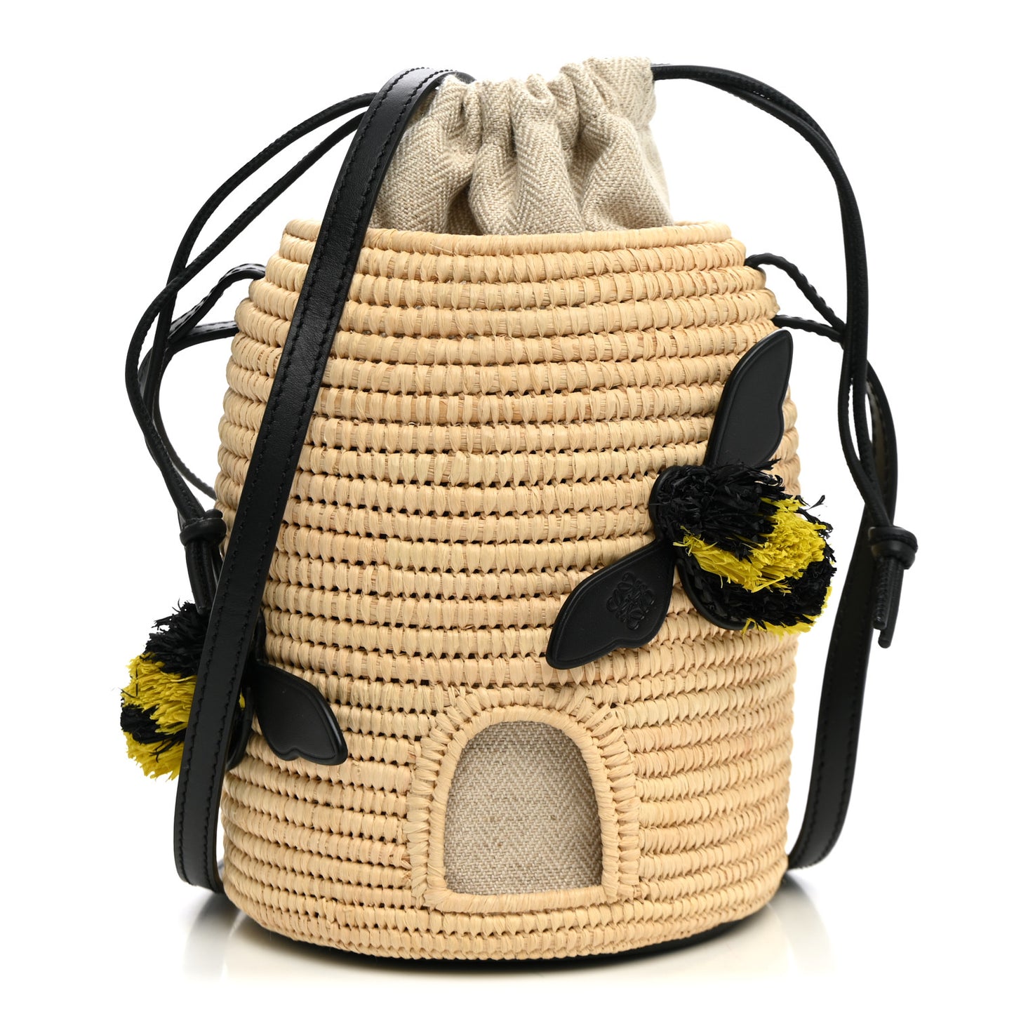 X PAULA'S IBIZA Raffia Calfskin Beehive Basket Tote Bag Natural Black