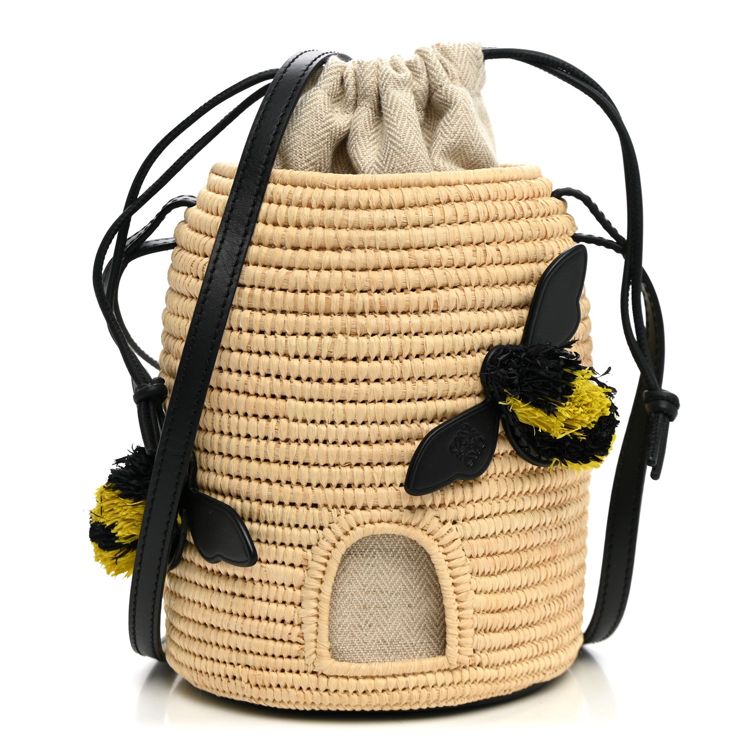 Loewe X PAULA'S IBIZA Raffia Calfskin Beehive Basket Tote Bag Natural Black 1 of 10