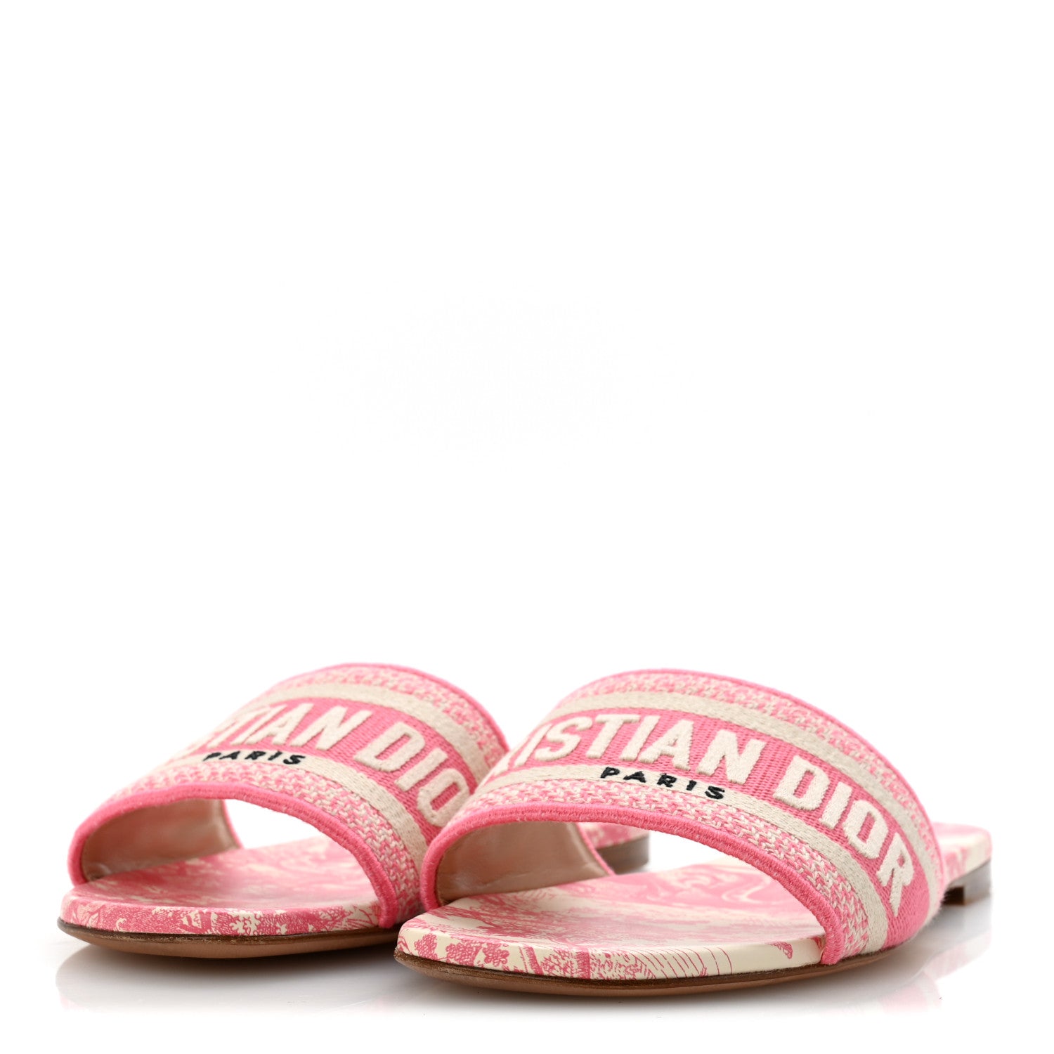 Christian Dior Canvas Toile de Jouy Embroidered Dway Flat Slide Sandals 37 Off White Pink 4 of 9