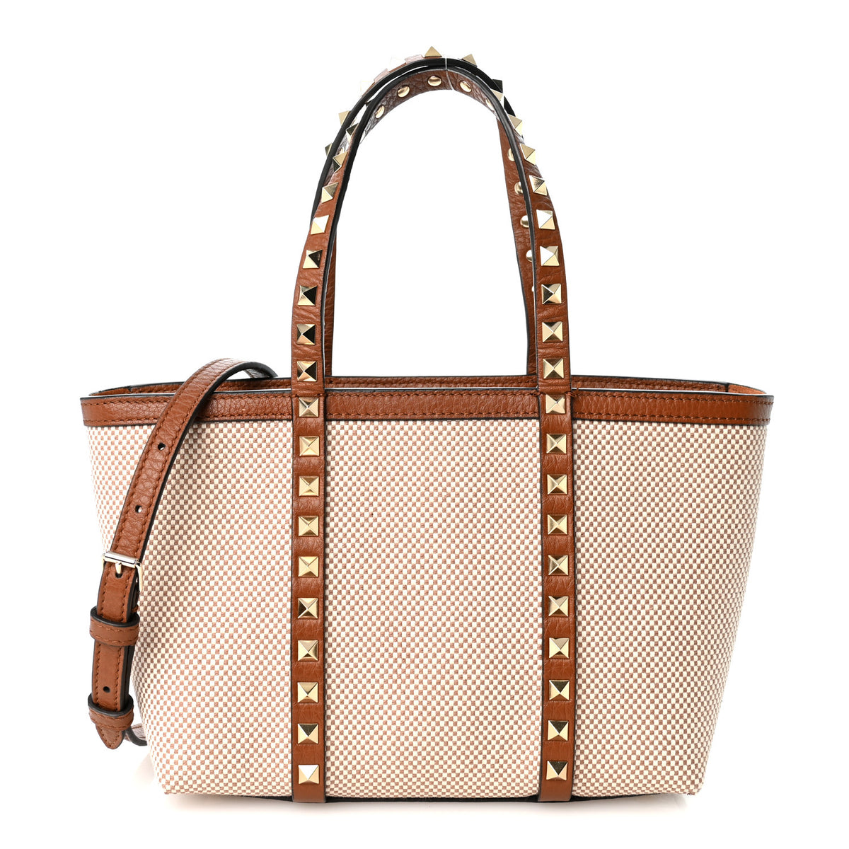 Canvas Grained Calfskin Small Rockstud Shopping Tote Naturale Tobacco