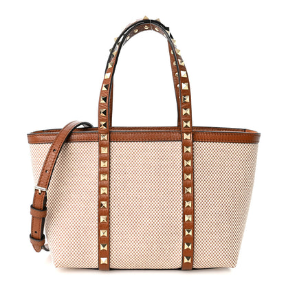 Valentino Garavani Canvas Grained Calfskin Small Rockstud Shopping Tote Naturale Tobacco 1 of 10