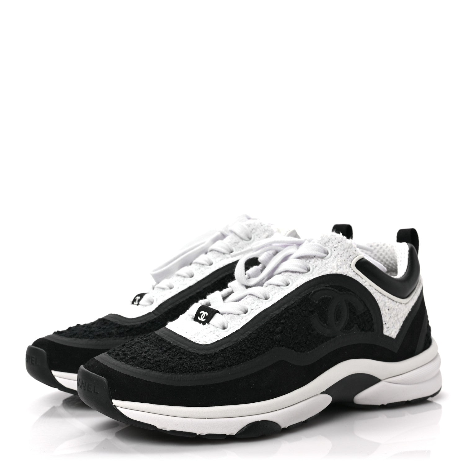 Chanel Tweed Suede Calfskin CC Sneakers 38 Black White 3 of 6