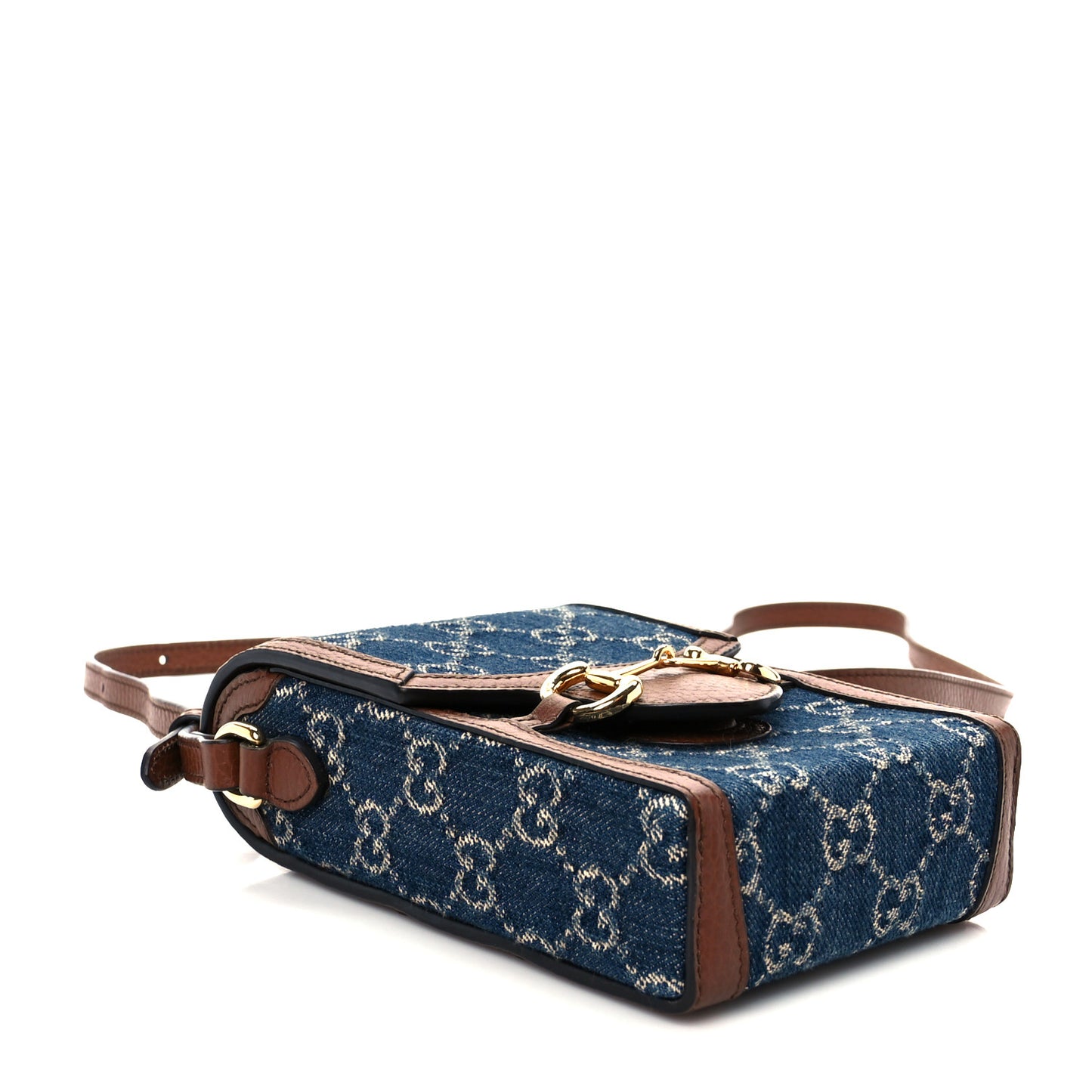 New Denim GG Monogram Dollar Calfskin Mini Horsebit 1955 Crossbody Bag Blue Tea Cuir Epilog