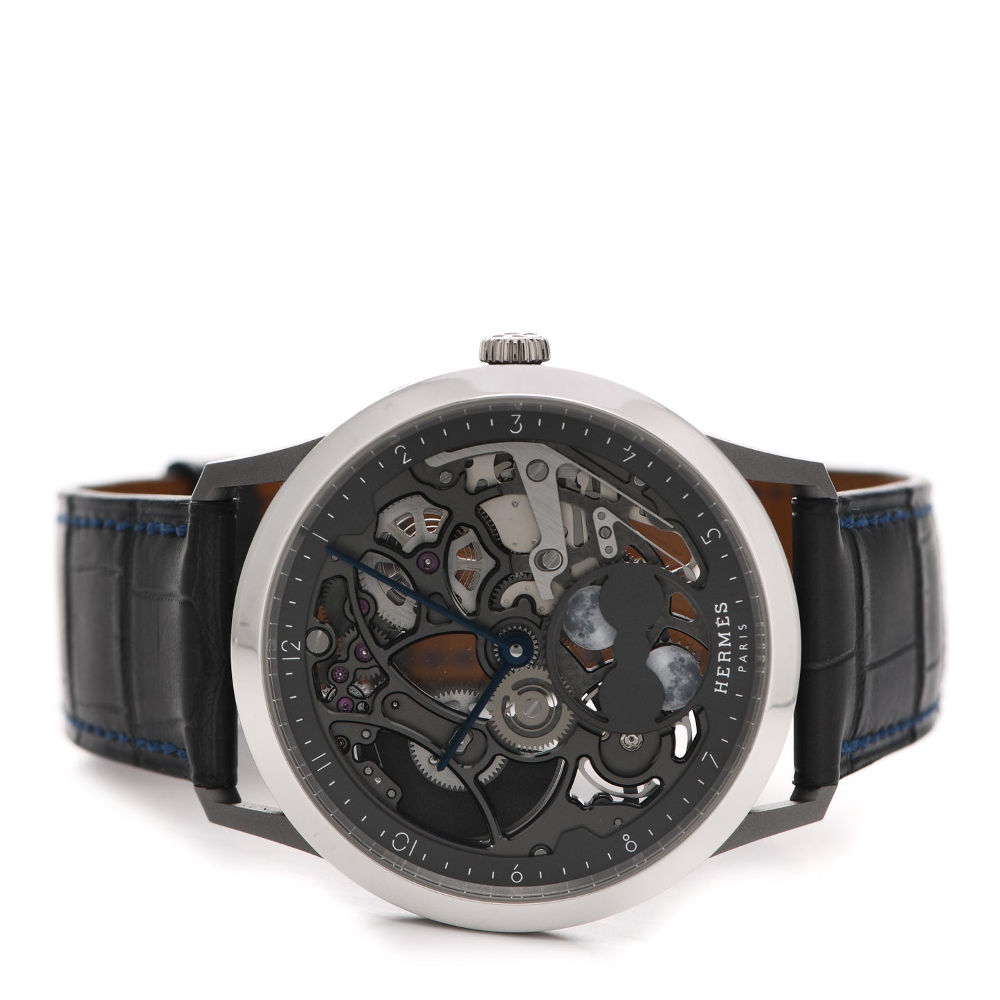 Platinum Titanium Alligator 39.5mm Slim d'Hermes Squelette Lune Automatic Watch Graphite