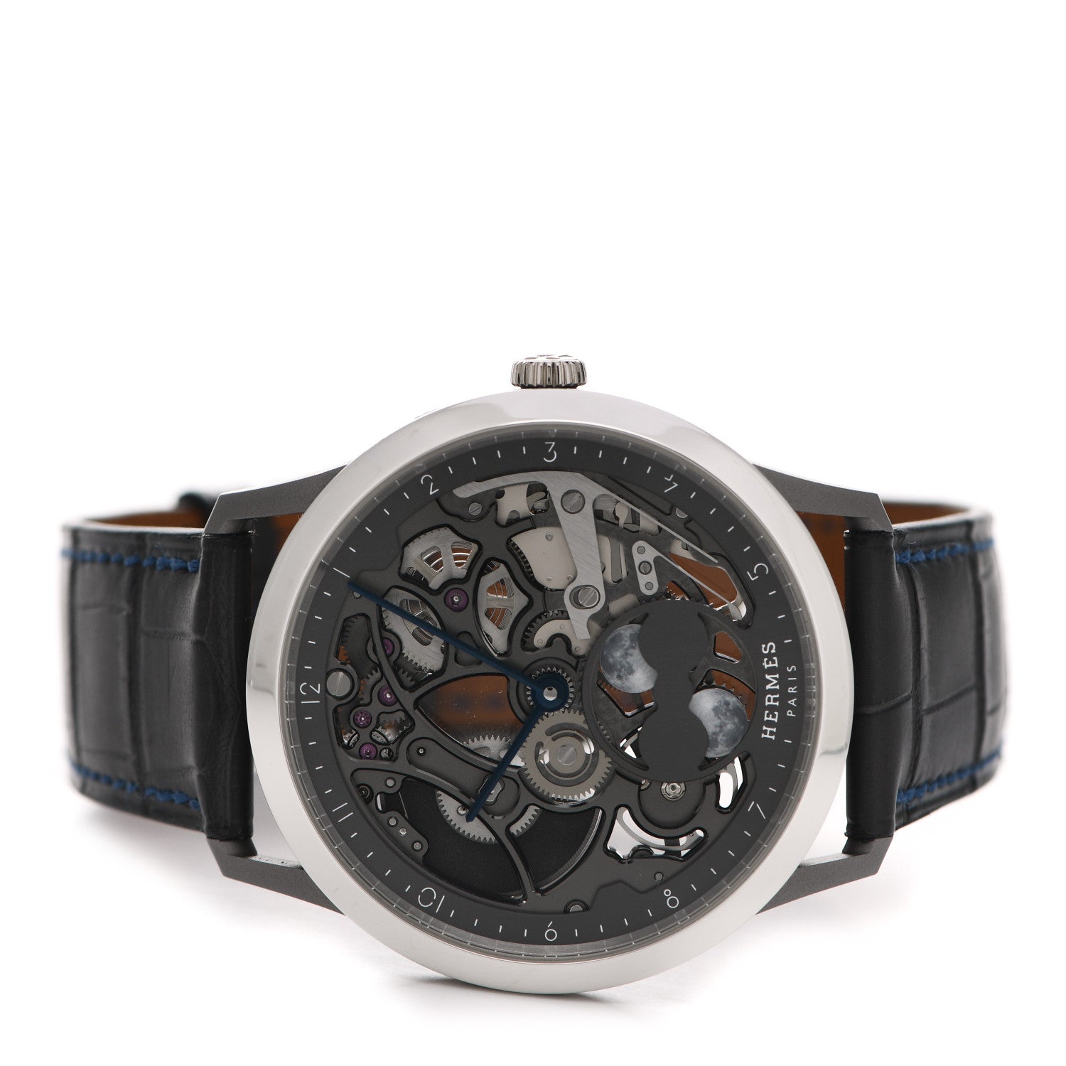 Hermes Platinum Titanium Alligator 39.5mm Slim d'Hermes Squelette Lune Automatic Watch Graphite 2 of 5