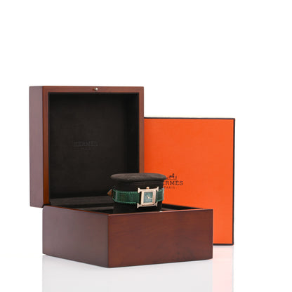 Hermes 18K Rose Gold Alligator Diamond Bezel Malachite 21mm Heure H Hour Quartz Watch Vert Moyen 5 of 5