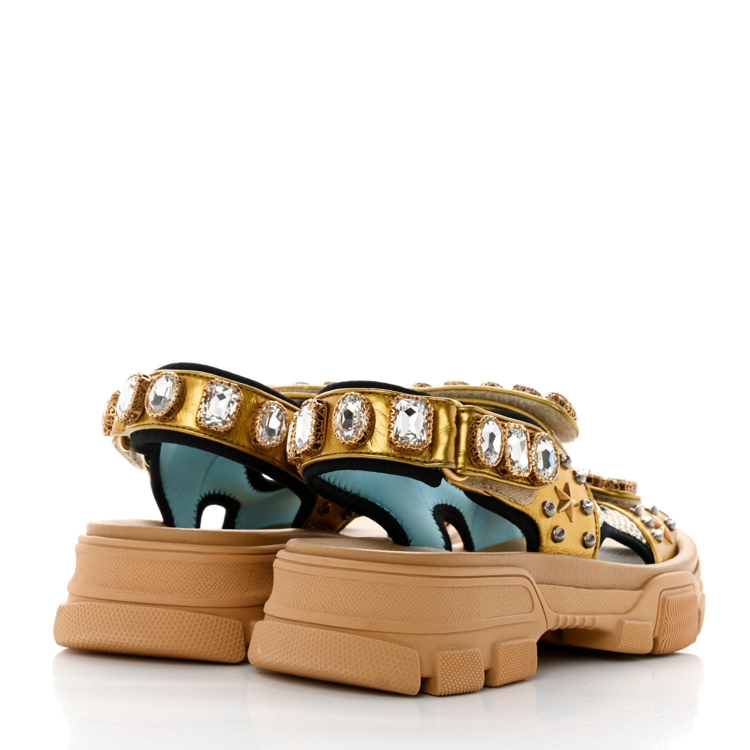 Gucci Silk Calfskin Mesh Crystal Embellished Studded Womens Aguru Sandals 38 Gold 4 of 8