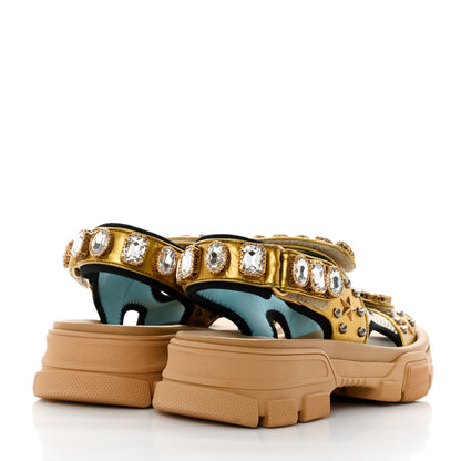 Gucci Silk Calfskin Mesh Crystal Embellished Studded Womens Aguru Sandals 38 Gold 4 of 8