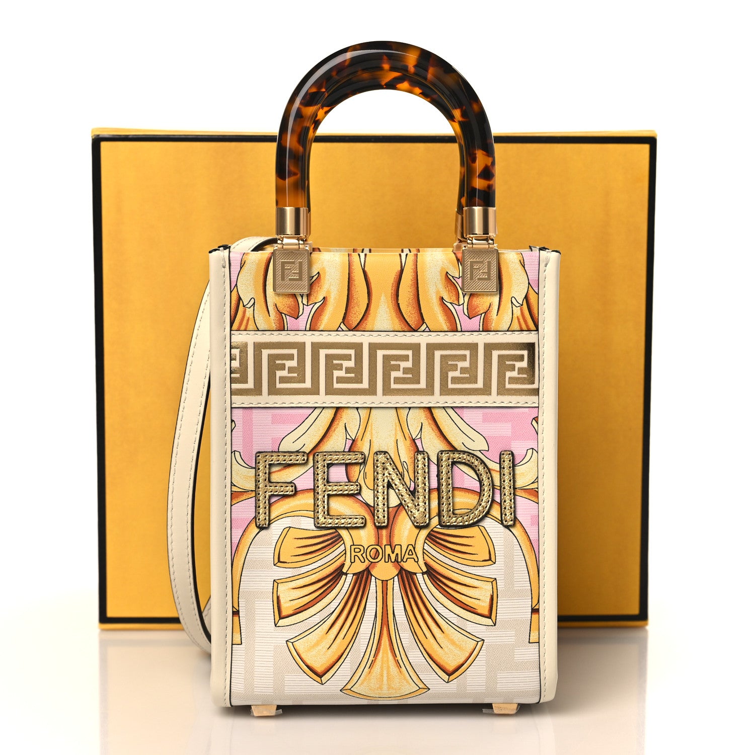 Fendi X VERSACE Calfskin Plexiglass Fendace FF Baroque Mini Fendi Sunshine Shopper Tote Gold Rosa White Ice Ciad 10 of 10