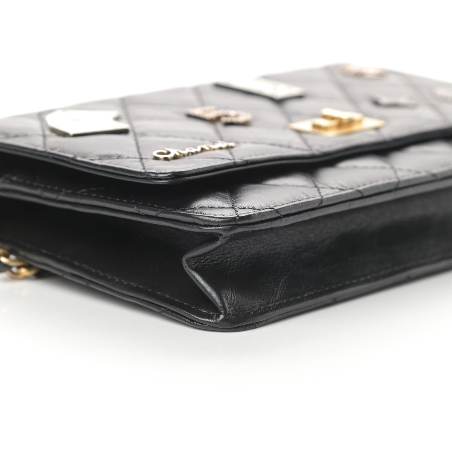 Aged Calfskin Quilted Lucky Charms Casino 2.55 Reissue Wallet On Chain WOC Black