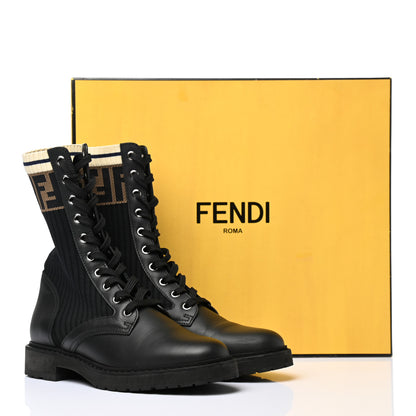 Fendi Calfskin Stretch Fabric Rockoko Biker Boots 37.5 Tobacco Black Marino 10 of 10