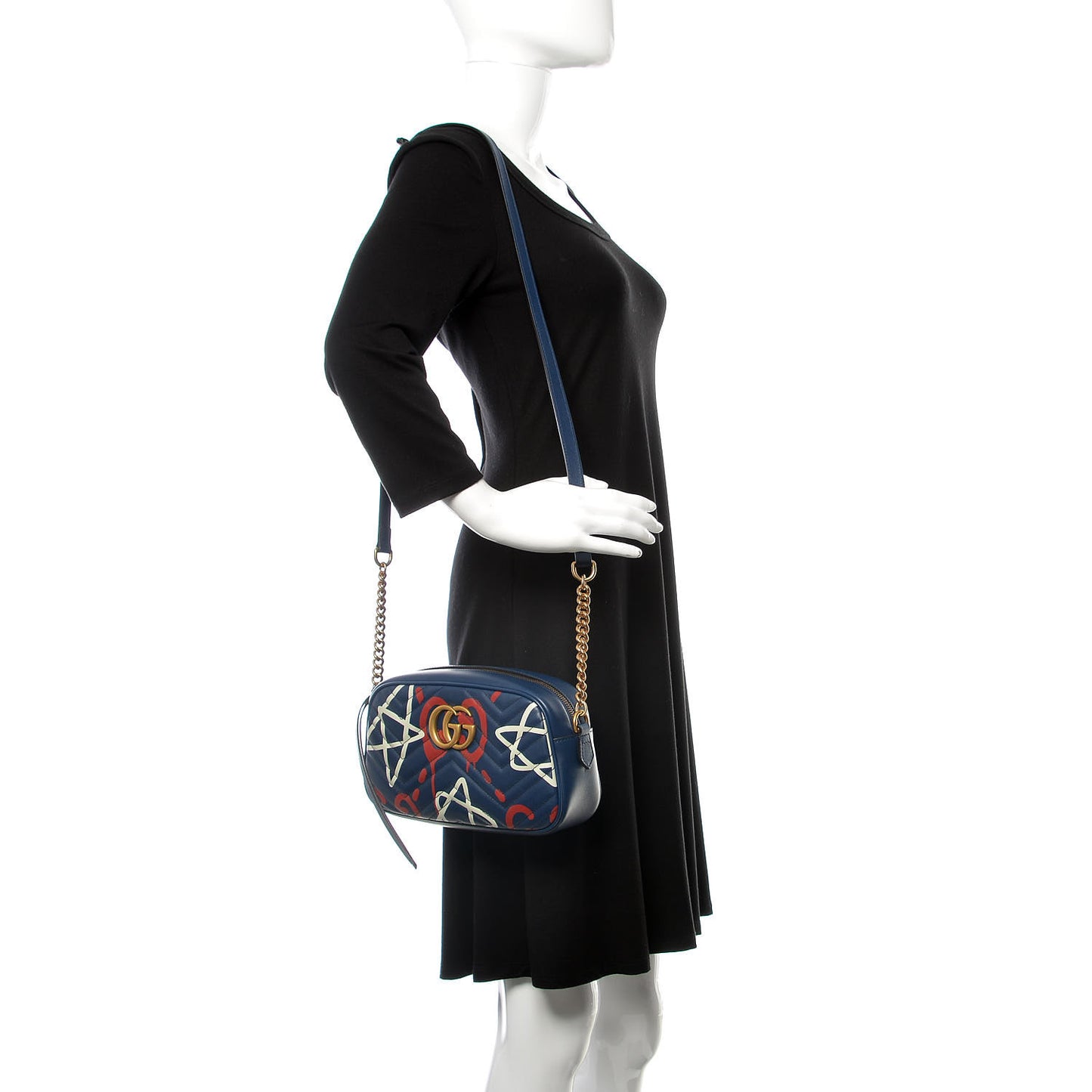 Calfskin Matelasse GucciGhost Small GG Marmont Chain Shoulder Bag Blue Agata Hibiscus Red