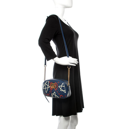 Gucci Calfskin Matelasse GucciGhost Small GG Marmont Chain Shoulder Bag Blue Agata Hibiscus Red 2 of 8