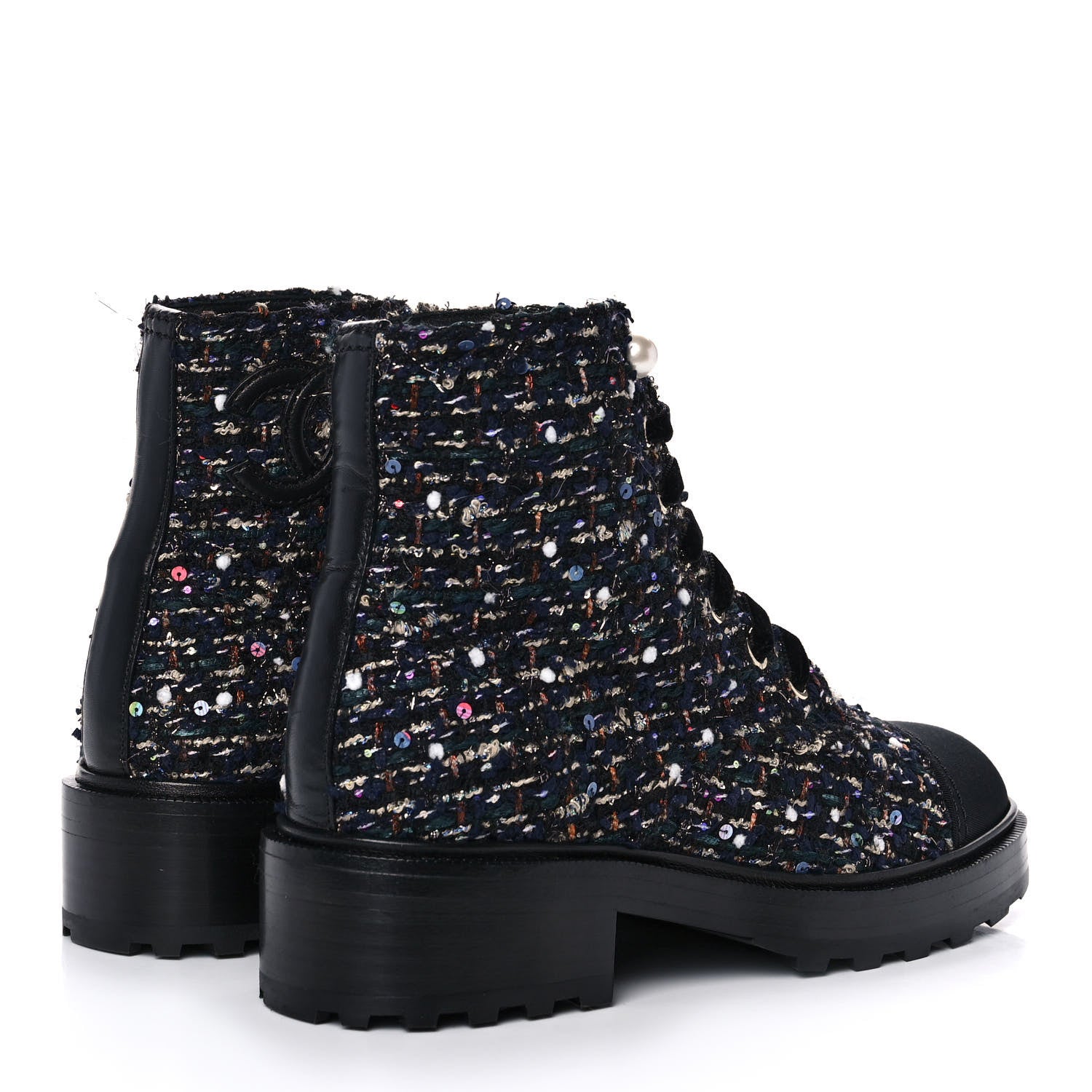 Chanel Tweed Grosgrain Pearl Combat Short Boots 37 Black Multicolor 4 of 9