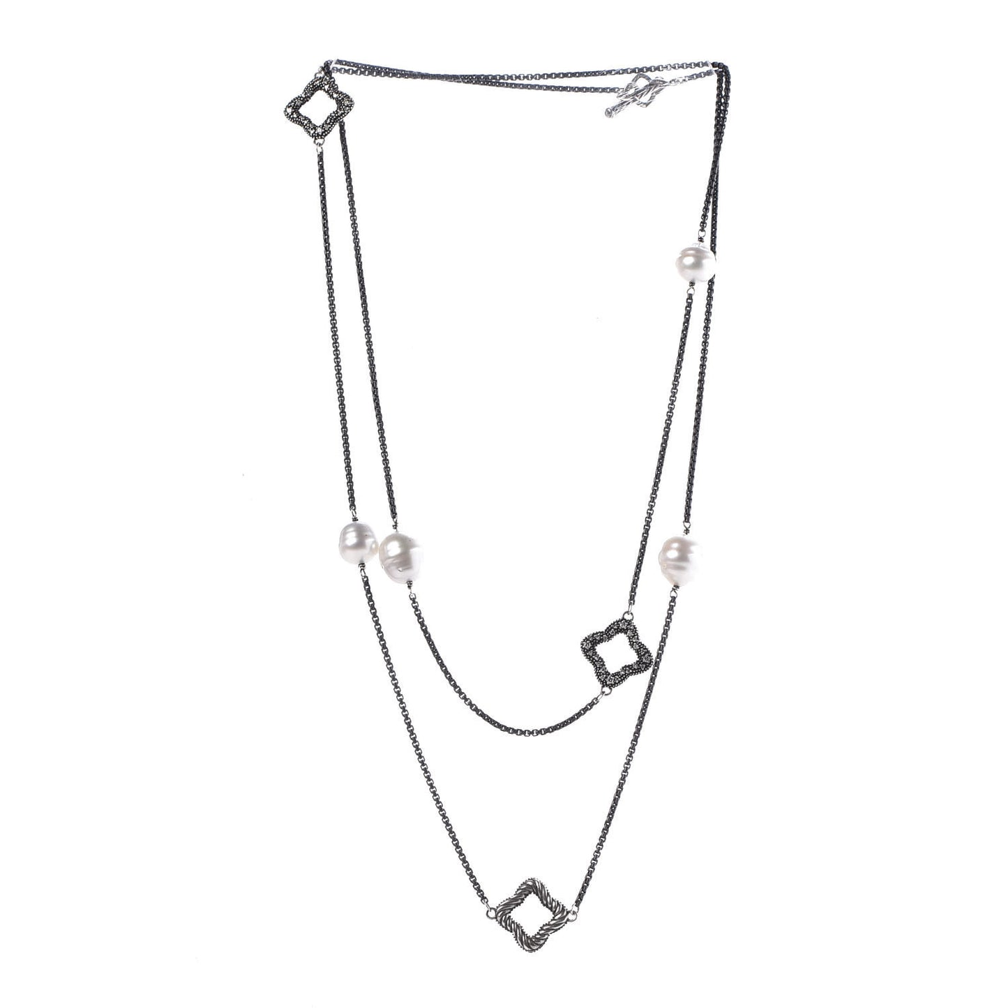 Darkened Sterling Silver South Sea Pearl Diamond Quatrefoil Necklace