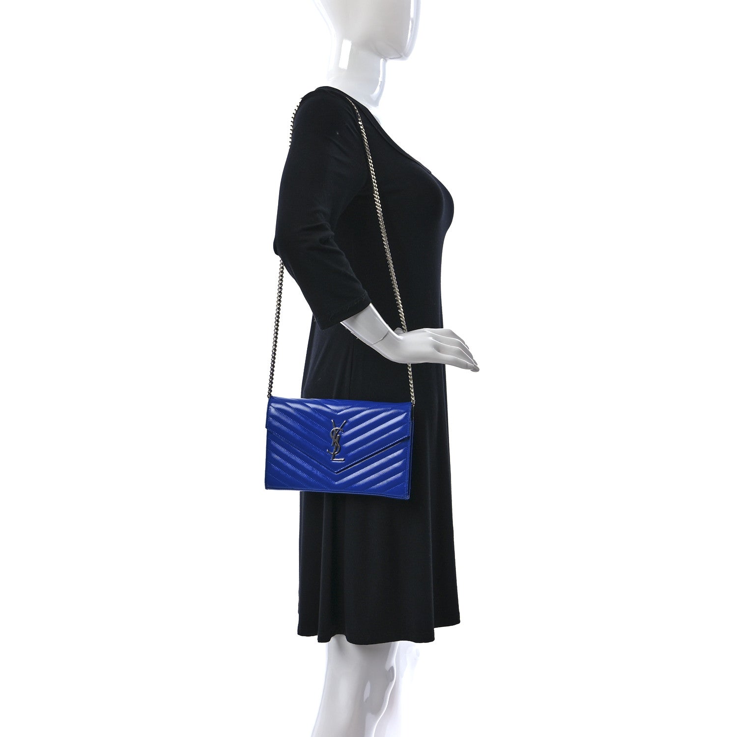 Saint Laurent Patent Grain De Poudre Matelasse Chevron Monogram Chain Wallet Blue Majorelle 2 of 10