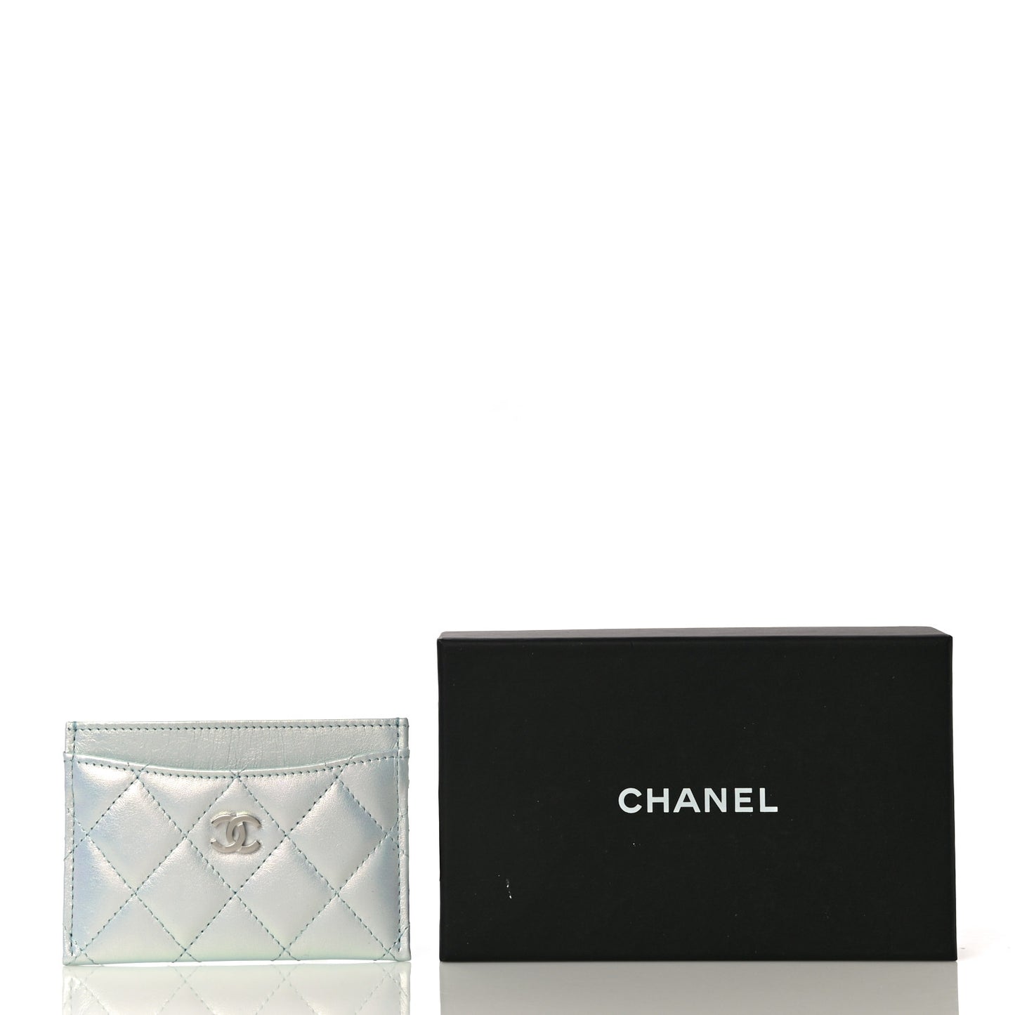 Iridescent Lambskin Quilted Card Holder Light Blue