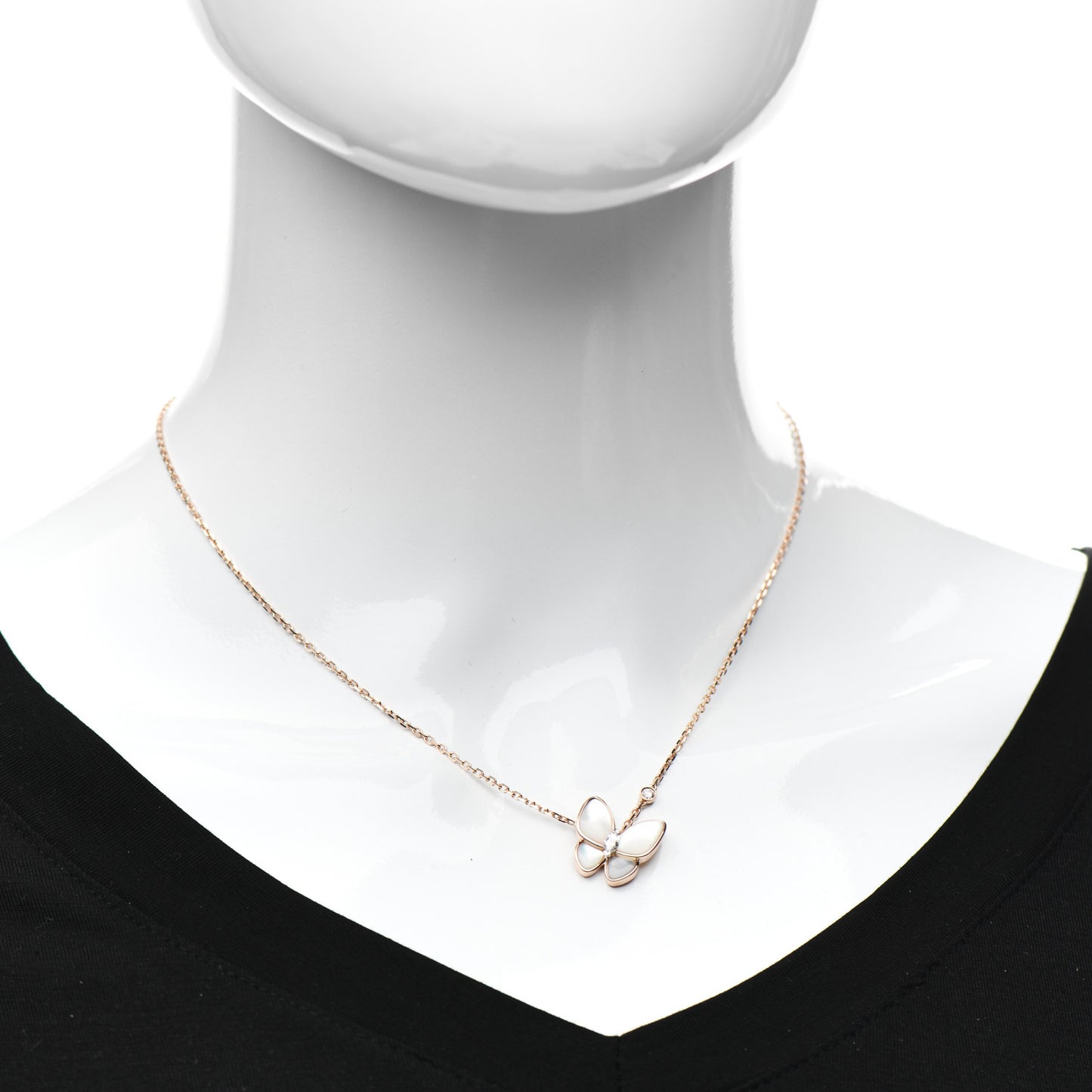 18K Rose Gold Diamond Mother of Pearl Two Butterfly Pendant Necklace