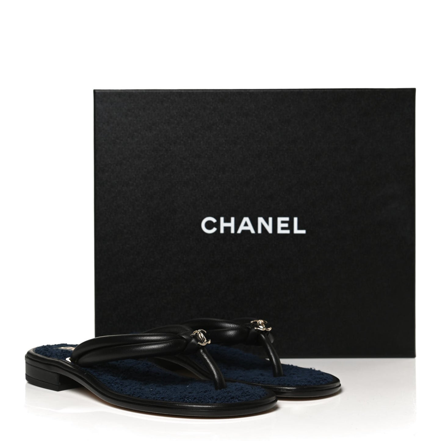 Lambskin Fabric CC Thong Sandals 36.5 Black Dark Navy