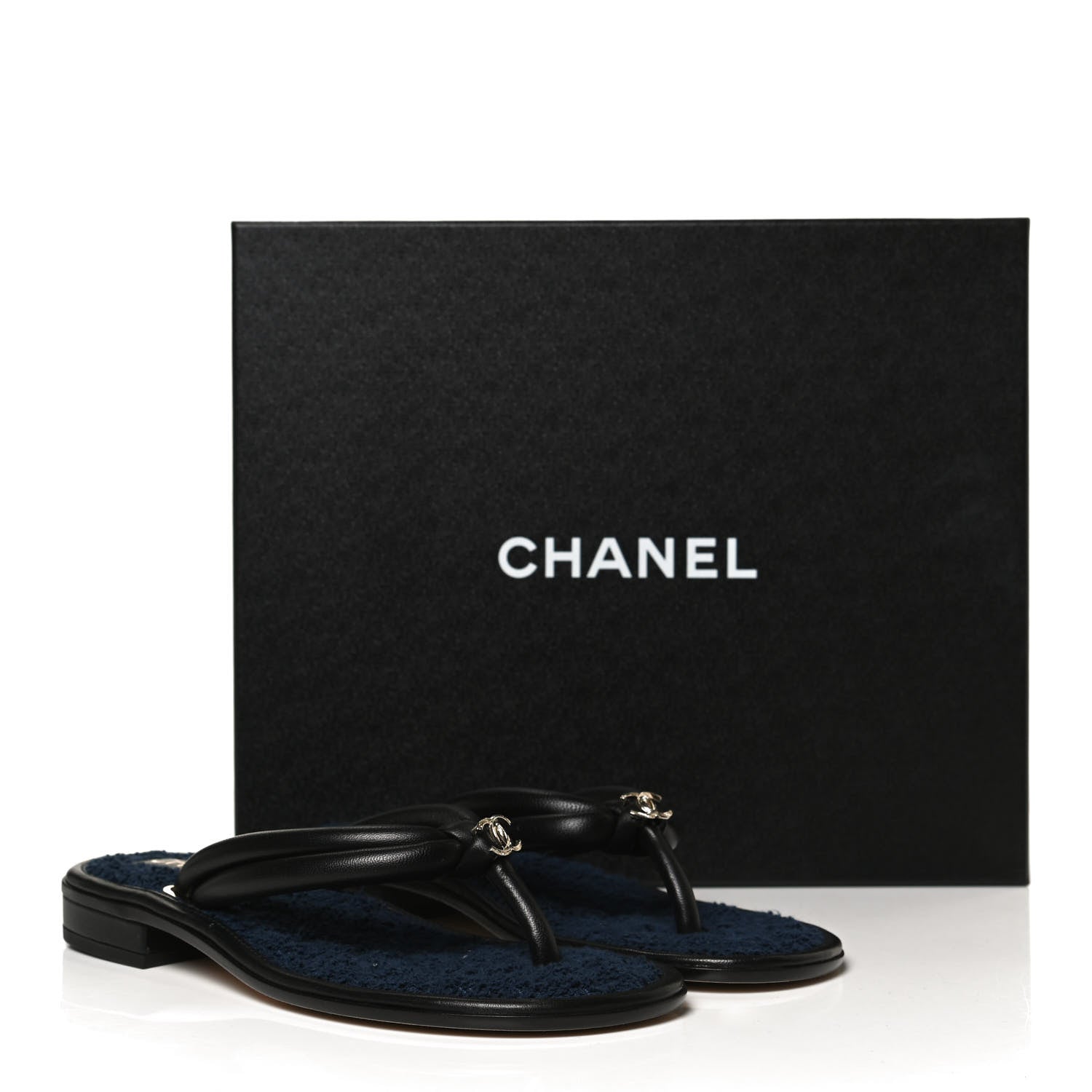 Chanel Lambskin Fabric CC Thong Sandals 36.5 Black Dark Navy 10 of 10