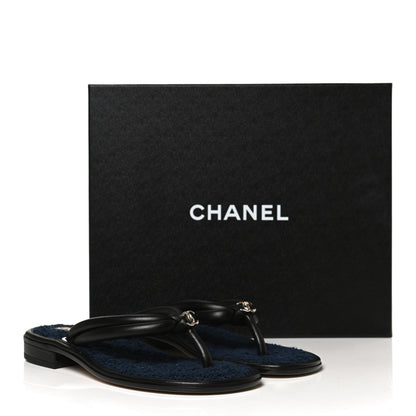 Chanel Lambskin Fabric CC Thong Sandals 36.5 Black Dark Navy 10 of 10