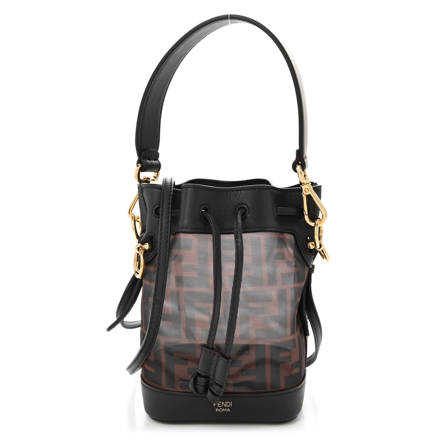 Mesh Vitello Grace F is Fendi FF 1974 Mini Mon Tresor Bucket Bag Marrone Black Ebano