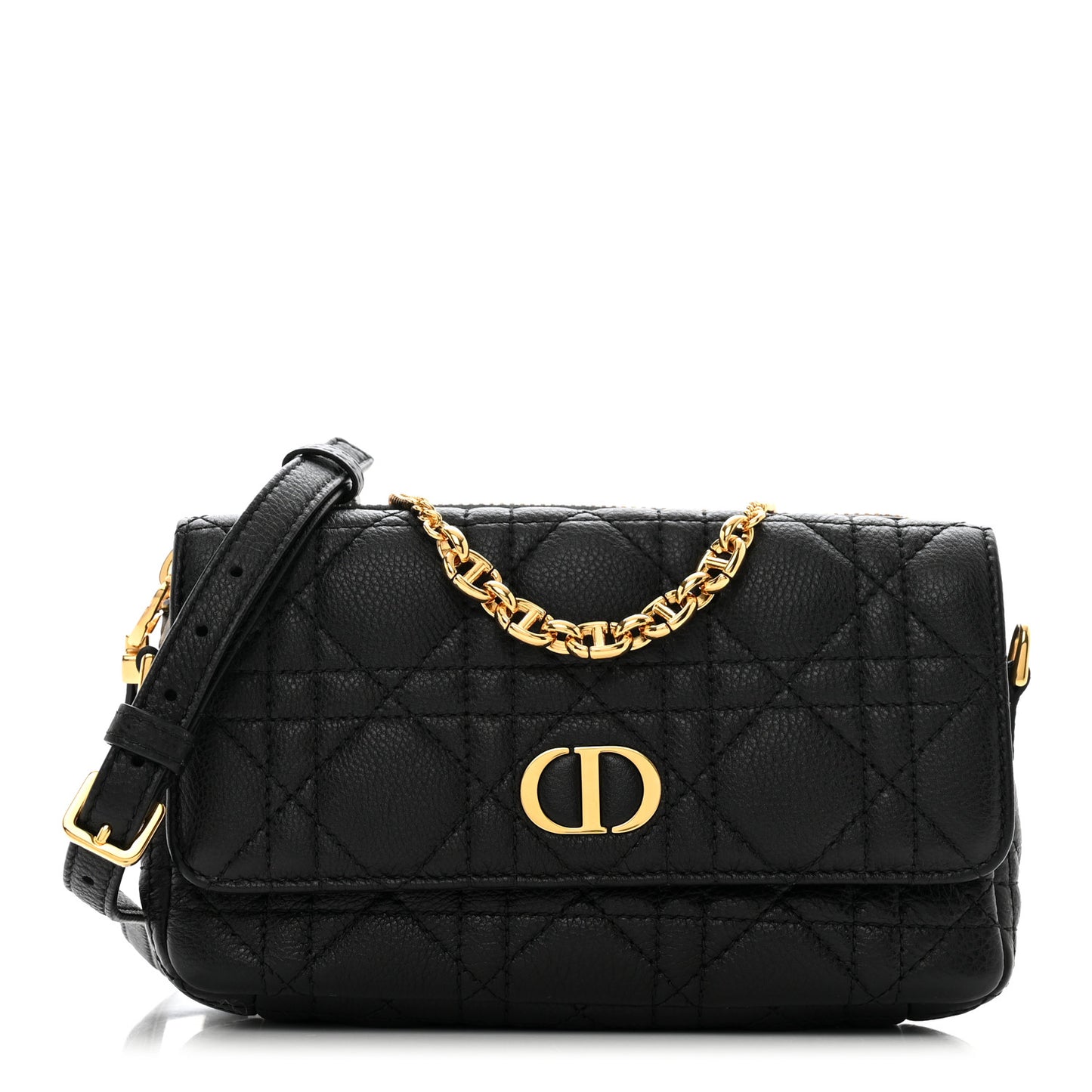 Supple Calfskin Cannage Caro Pouch with Chain Black