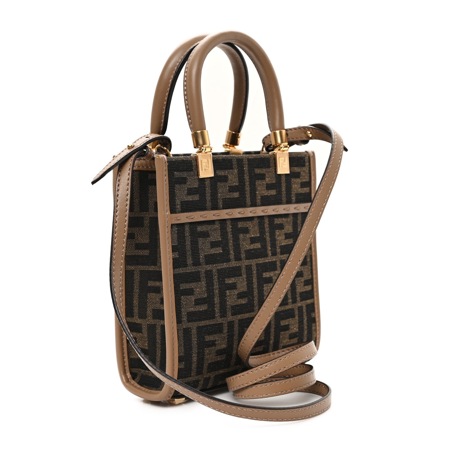 Fendi Fabric Jacquard Vitello Grace FF 1974 Logo Mini Sunshine Shopper Tobacco Moro Sand 3 of 10