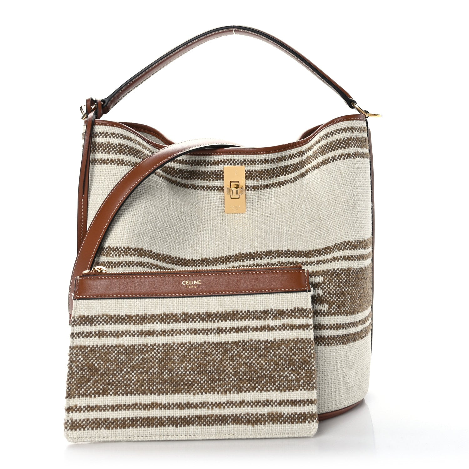 Celine Canvas Smooth Calfskin Logo Bucket 16 Bag Beige Brown Tan 3 of 9