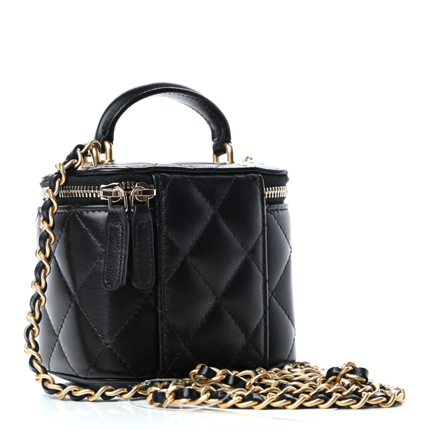 Lambskin Quilted Top Handle Mini Vanity Case With Chain Black