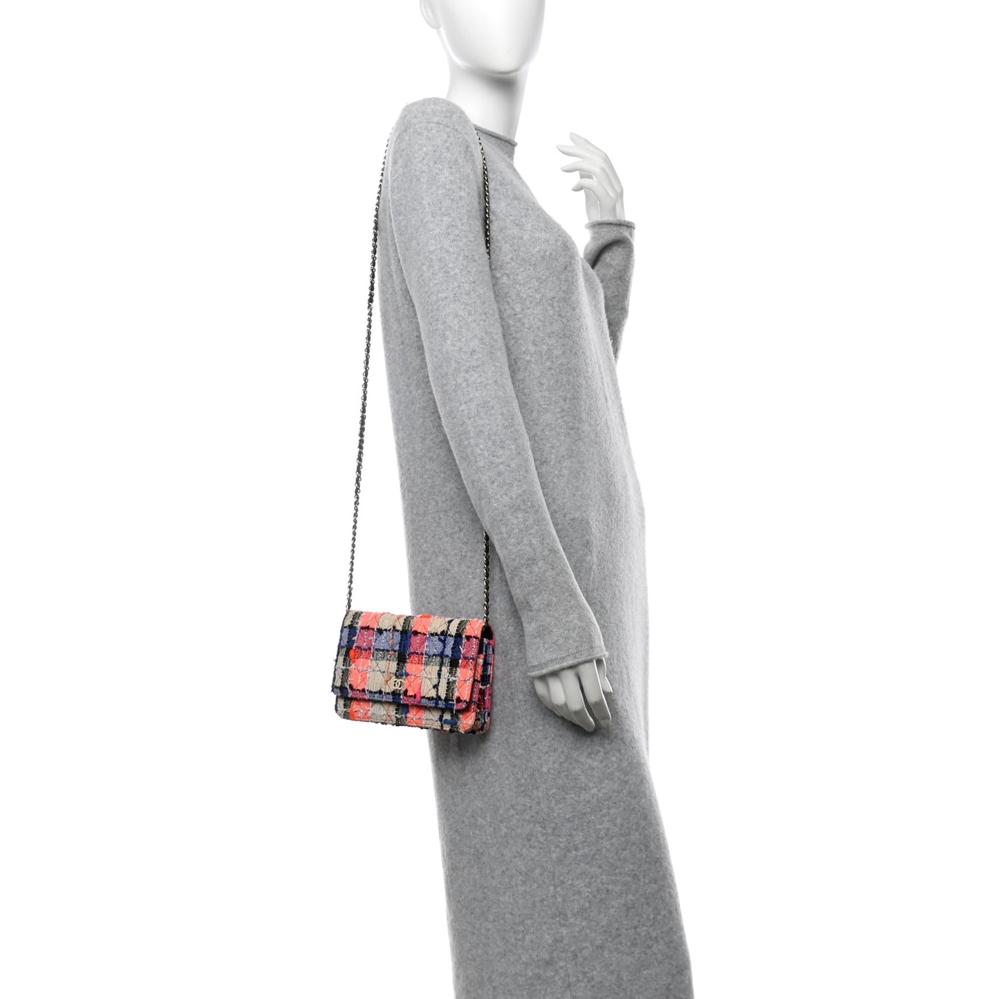 Tweed Quilted Wallet on Chain WOC Pink Blue Beige