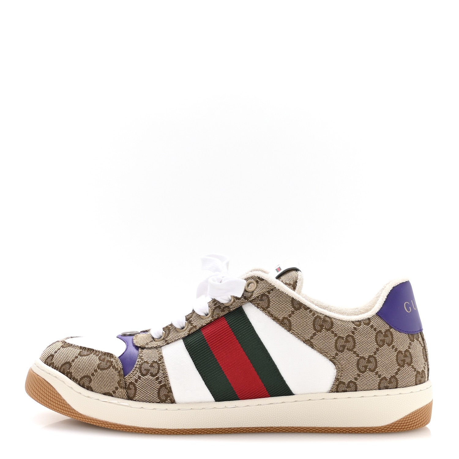 Gucci GG Supereme Monogram Calfskin Web Mens Screener Sneakers 10 Beige Ebony White Shine Purple 1 of 9