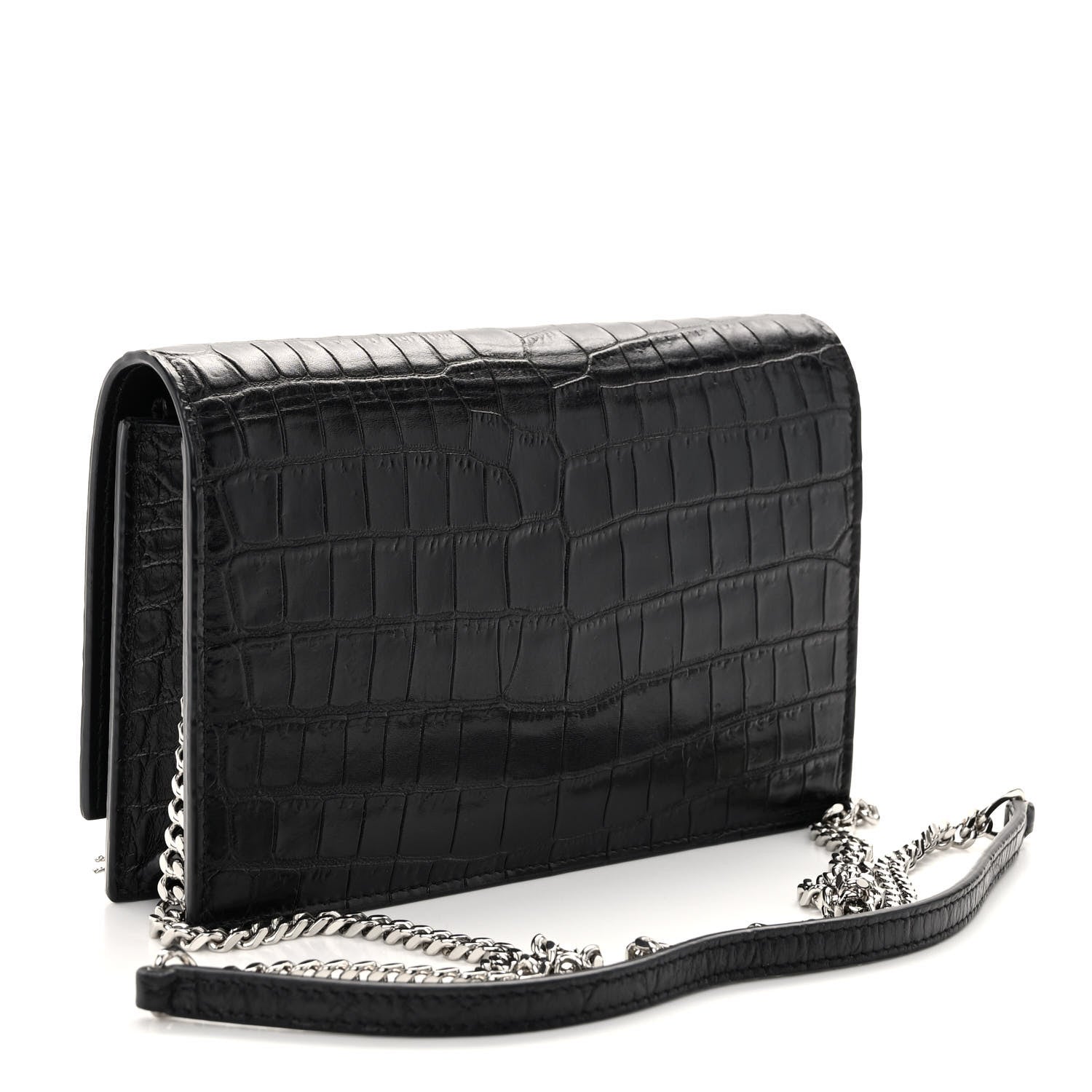 Saint Laurent Calfskin Crocodile Embossed Kate Monogram Tassel Chain Wallet Black 3 of 9