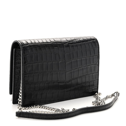 Saint Laurent Calfskin Crocodile Embossed Kate Monogram Tassel Chain Wallet Black 3 of 9