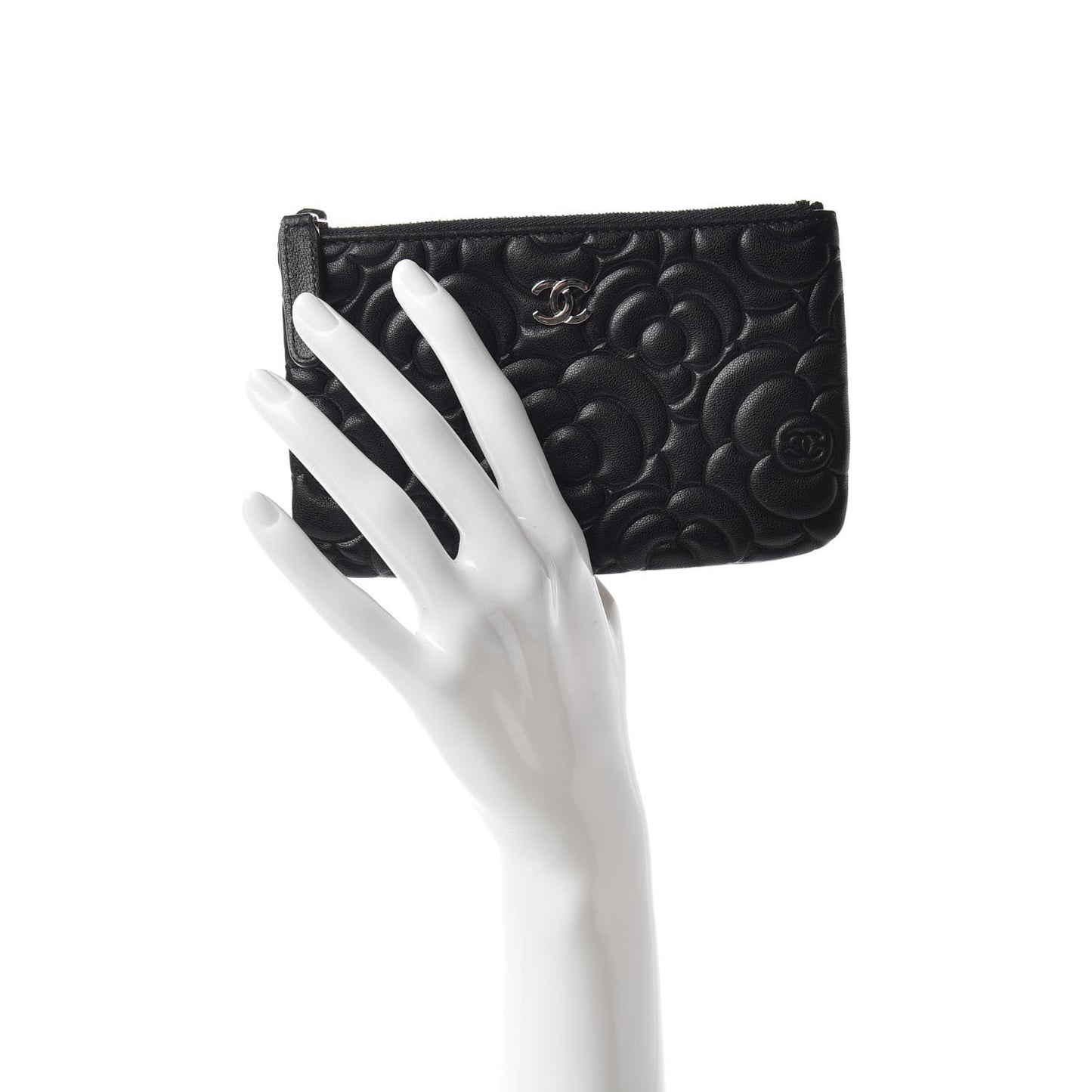 Goatskin Camellia Embossed Cosmetic Pouch Black