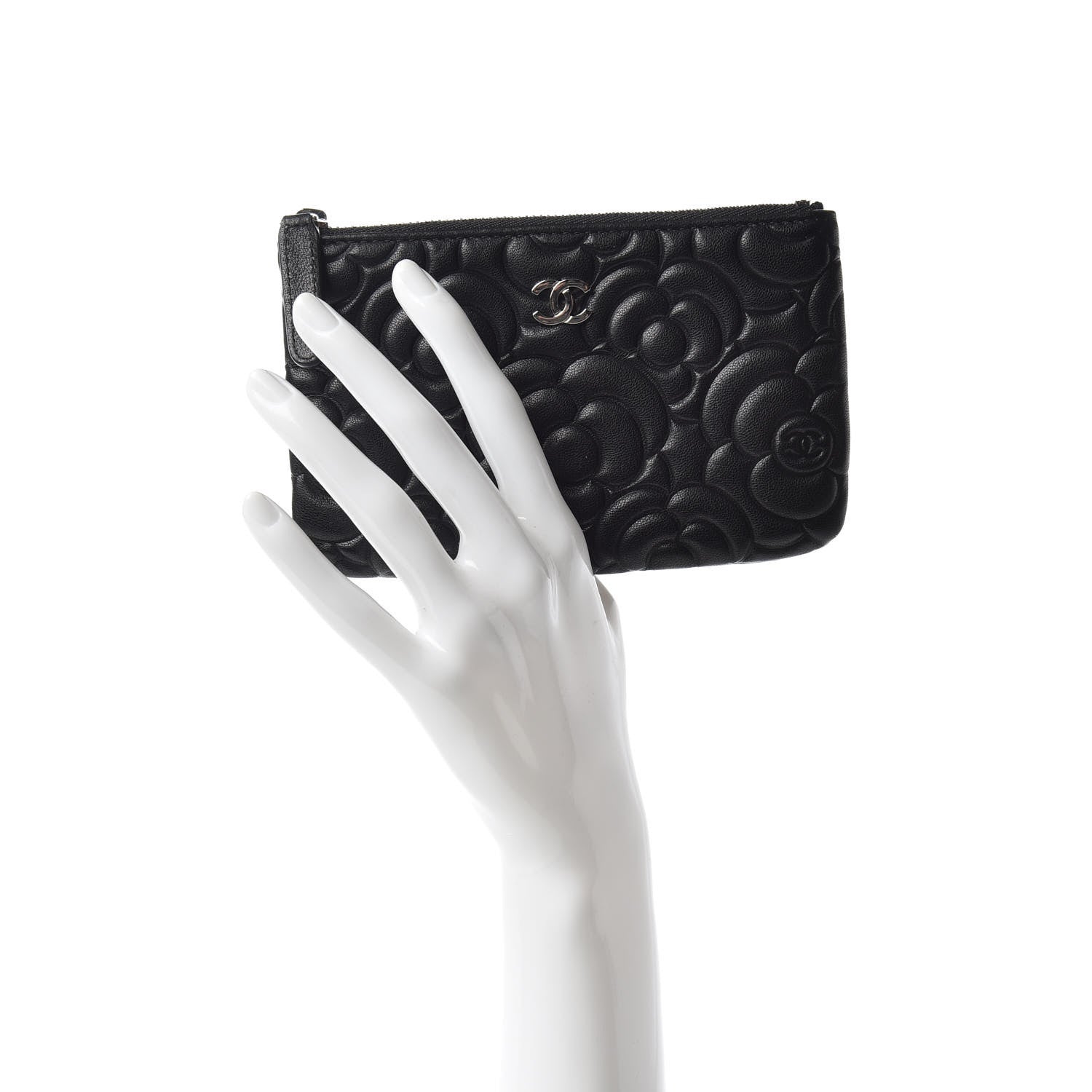 Chanel Goatskin Camellia Embossed Cosmetic Pouch Black 2 of 7