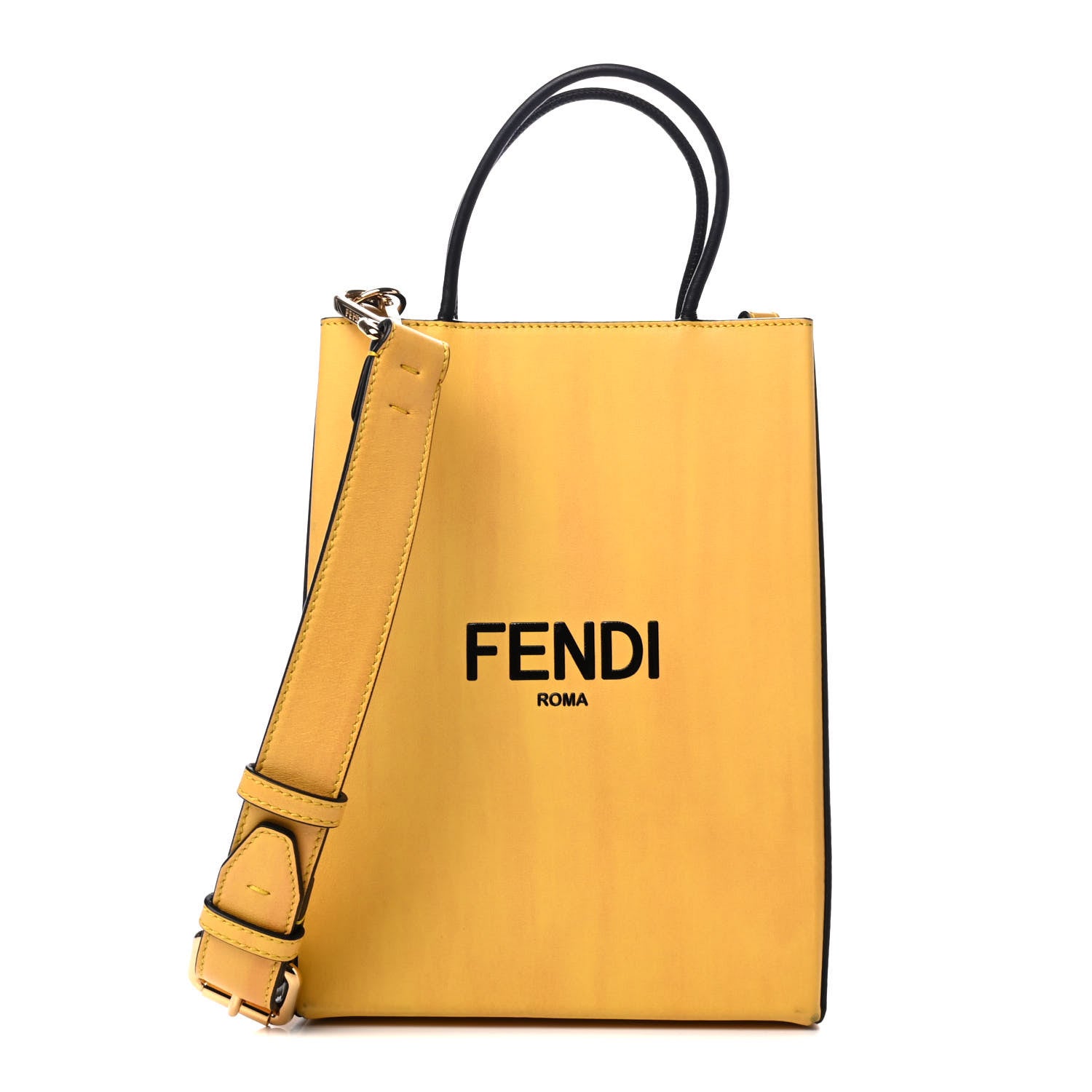 Fendi Vitello Fluffy Logo Small Pack Shopper Tote Yellow Box Black 1 of 4