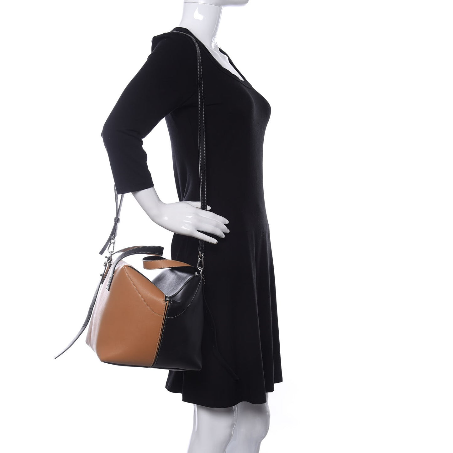 Calfskin Cube Two Tone Top Handle Bag Tan Black