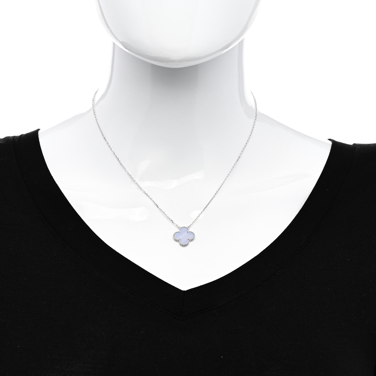 Van Cleef & Arpels 18K White Gold Chalcedony Vintage Alhambra Pendant Necklace 2 of 6