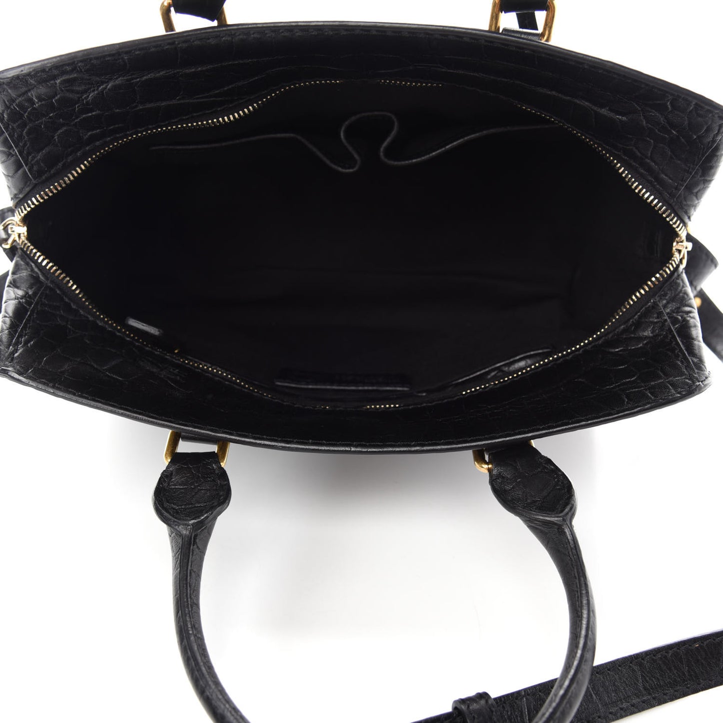 Calfskin Crocodile Embossed Small Skull Padlock Zip Around Tote Black