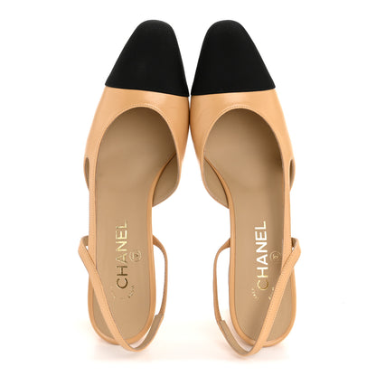 Chanel Goatskin Grosgrain Cap Toe CC Slingback Pumps 41 Beige Black 2 of 11