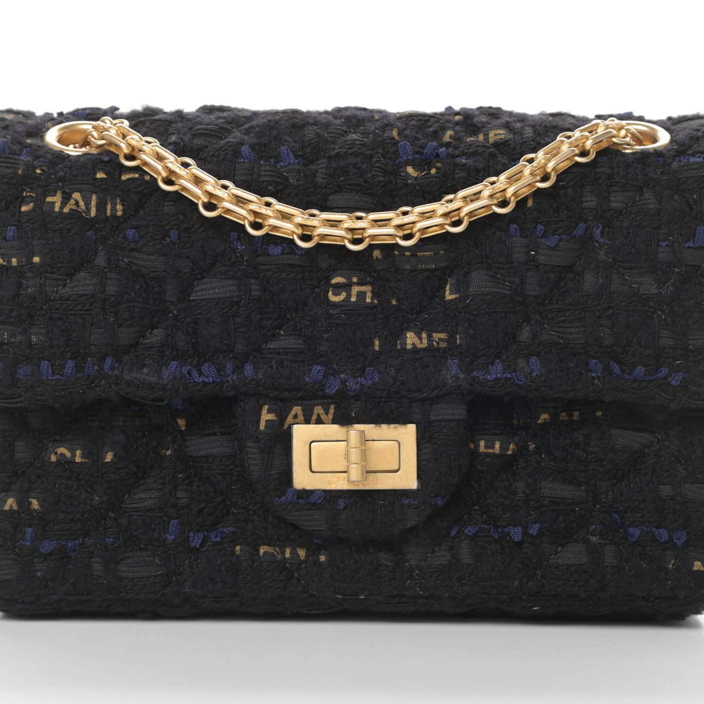 Tweed Quilted Mini 2.55 Reissue Flap Black Gold Navy