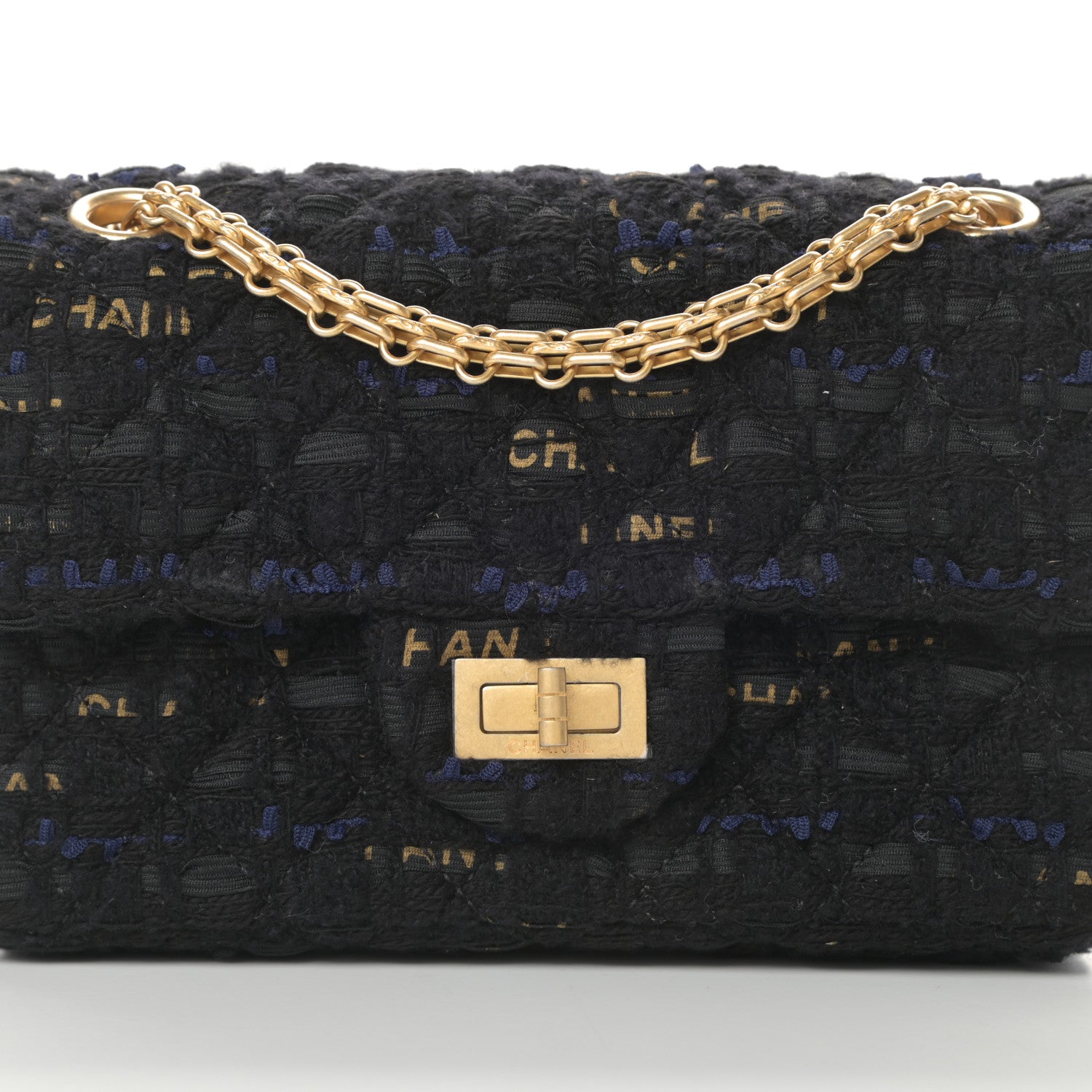 Chanel Tweed Quilted Mini 2.55 Reissue Flap Black Gold Navy 8 of 11