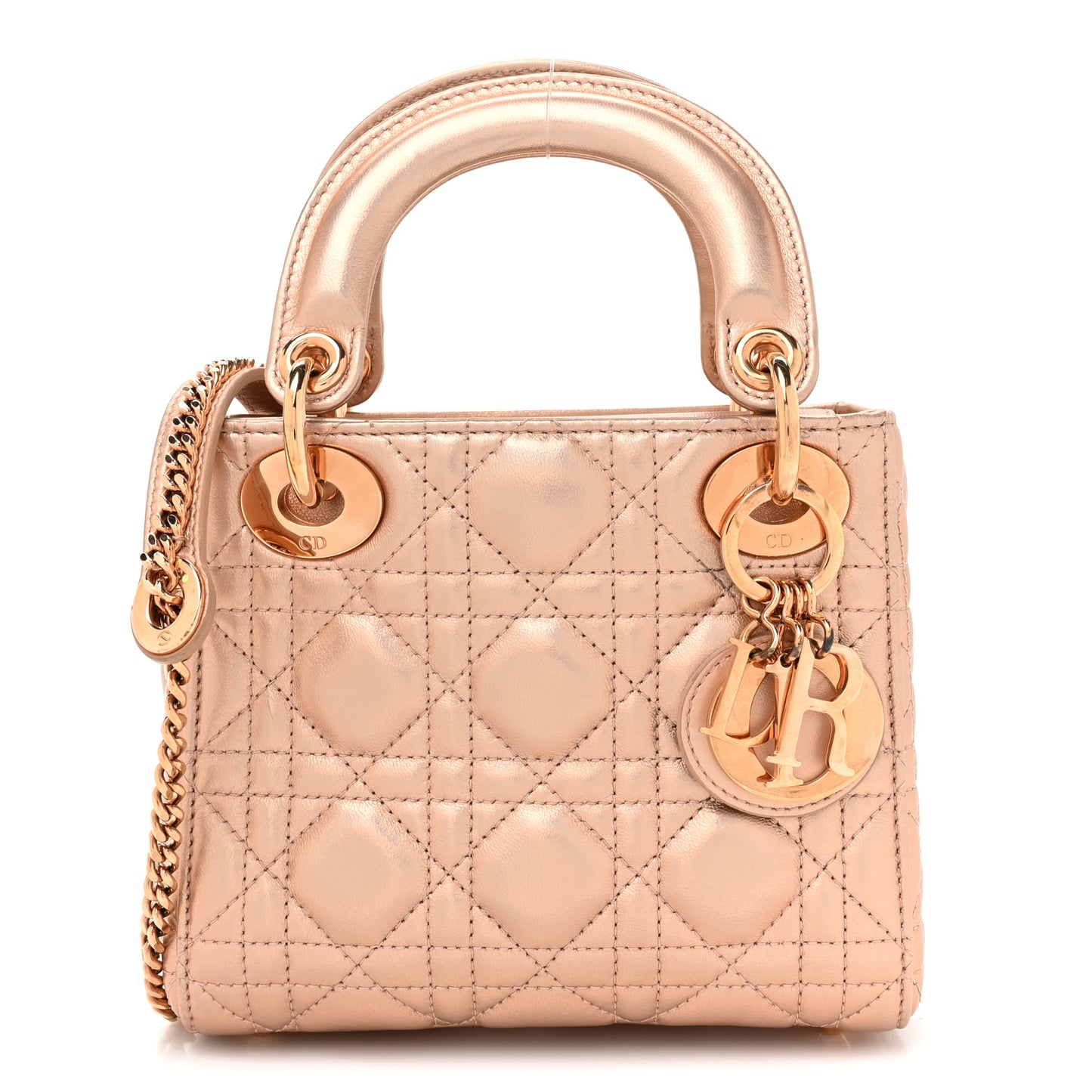 Metallic Lambskin Cannage Mini Lady Dior Gold Rose