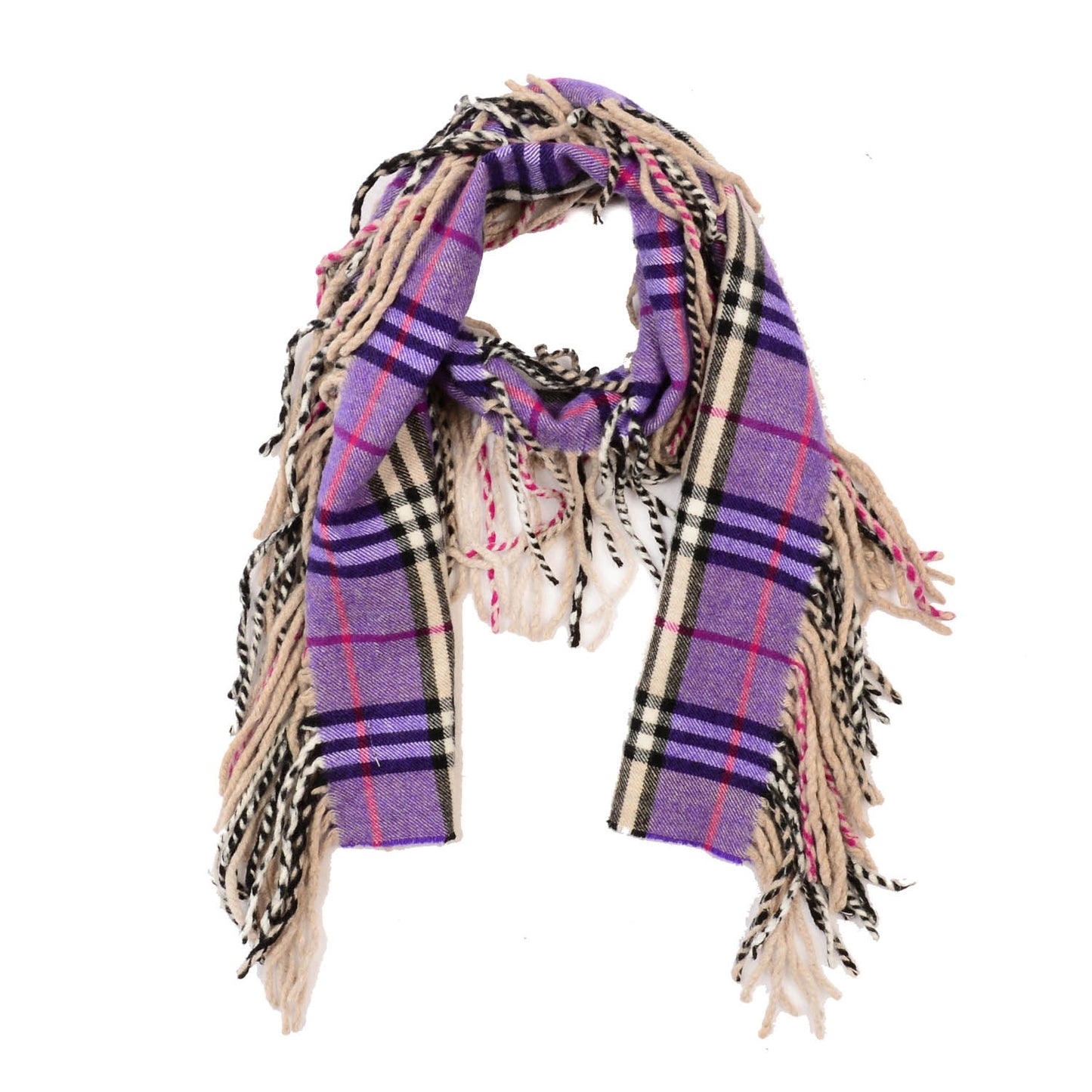 Cashmere Check Happy Fringe Scarf Purple