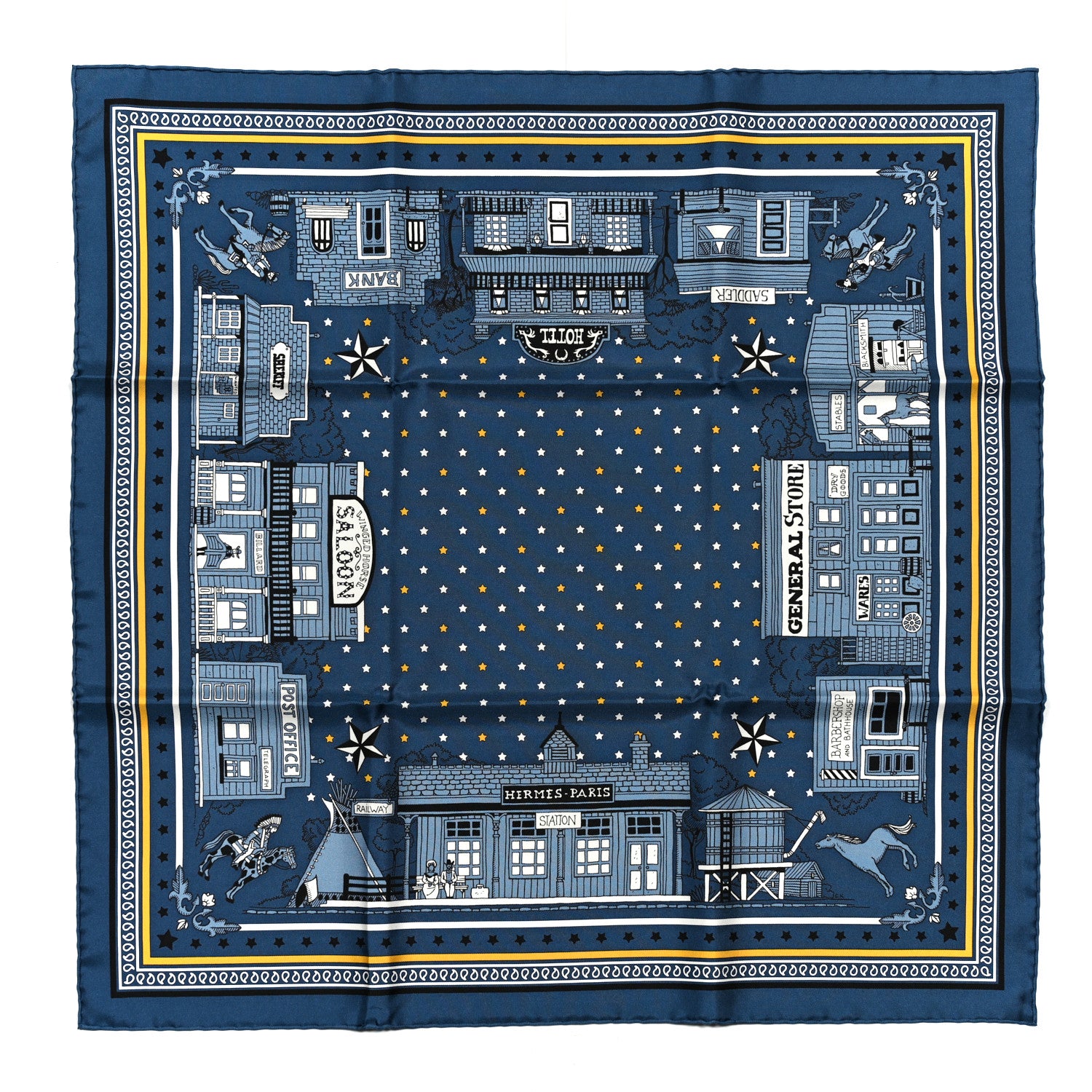 Hermes Silk Paris Station Bandana Scarf 55 Bleu Ardoise Jaune 1 of 5