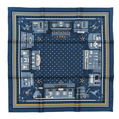 Hermes Silk Paris Station Bandana Scarf 55 Bleu Ardoise Jaune 1 of 5