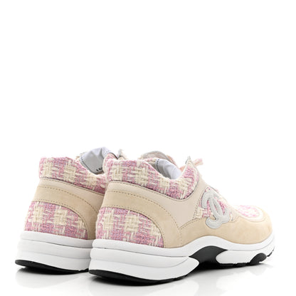 Chanel Tweed Suede Calfskin Womens CC Sneakers 39.5 Pink Ecru 4 of 7