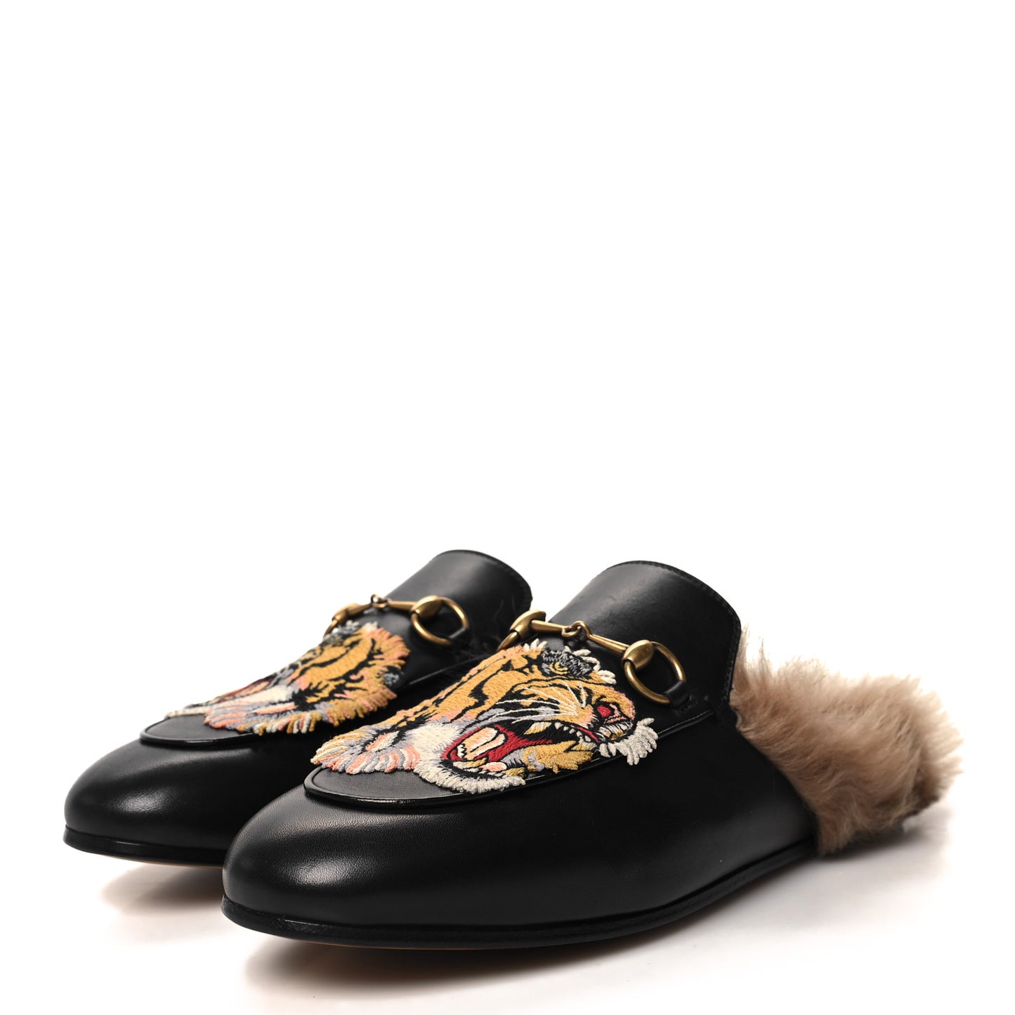 Calfskin Fur Tiger Embroidered Womens Princetown Slippers 38.5 Black