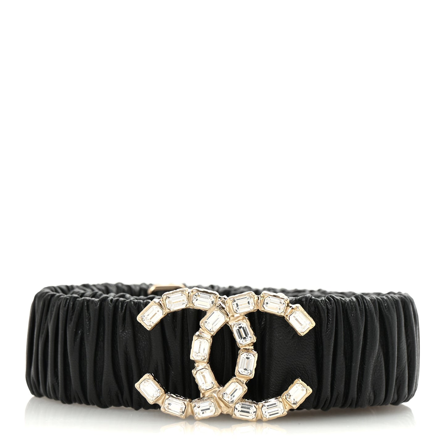 Lambskin Metal Crystal CC Ruched Belt 80 32 Black